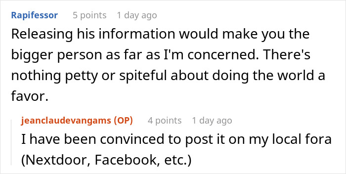 Screenshot of two Reddit comments discussing sharing information online, mentioning Nextdoor and Facebook. Screenshot of two Reddit comments discussing sharing information online, mentioning Nextdoor and Facebook.