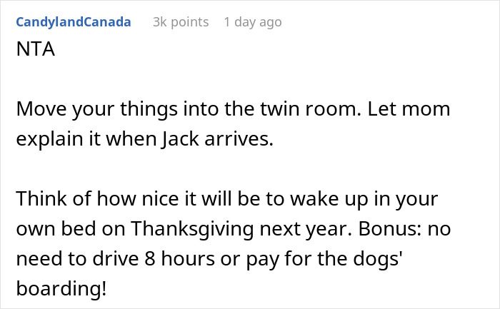 Reddit comment discussing moving to a twin room and avoiding long drives during family holidays. Reddit comment discussing moving to a twin room and avoiding long drives during family holidays.