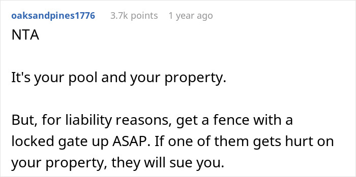 Reddit comment discusses property rights and pool liability advice. Reddit comment discusses property rights and pool liability advice.
