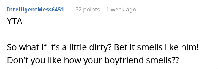 A comment discussing a woman's reaction to her boyfriend's messy bed. A comment discussing a woman's reaction to her boyfriend's messy bed.
