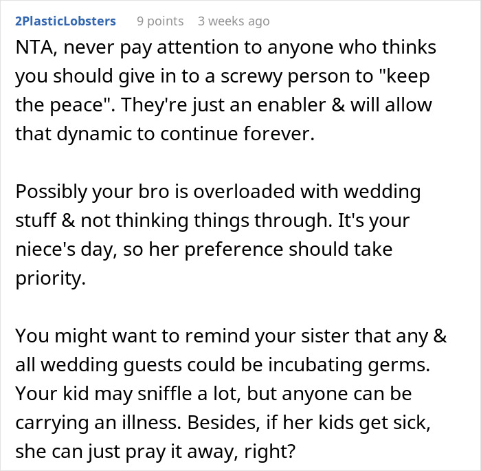 Mom Refuses To Accommodate Anti-Vax Sister’s Kids By Excluding Her Own “Sick” Son From Wedding Mom Refuses To Accommodate Anti-Vax Sister’s Kids By Excluding Her Own “Sick” Son From Wedding