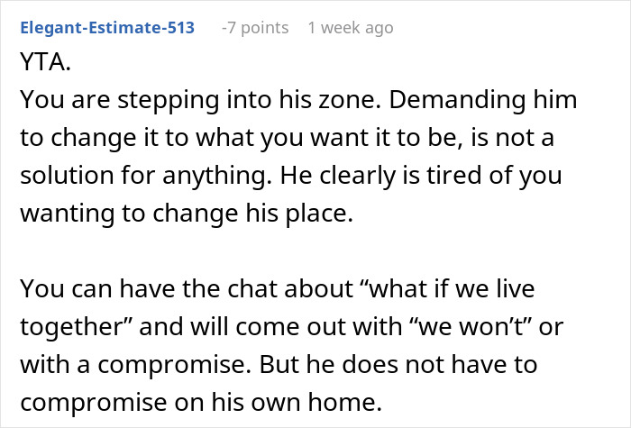 Comment criticizing woman's actions regarding boyfriend's home. Comment criticizing woman's actions regarding boyfriend's home.
