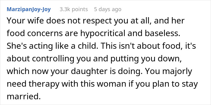 Comment discussing frustrations over wife's food complaints. Comment discussing frustrations over wife's food complaints.