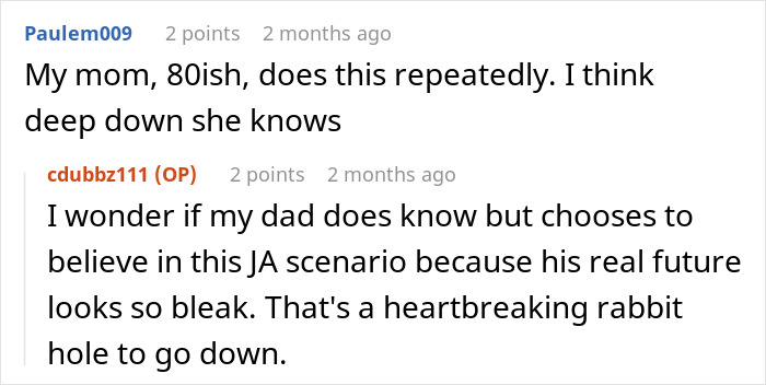 Two Reddit comments discussing elderly parents and deepfake scams, revealing concerns about their awareness and vulnerability. Two Reddit comments discussing elderly parents and deepfake scams, revealing concerns about their awareness and vulnerability.