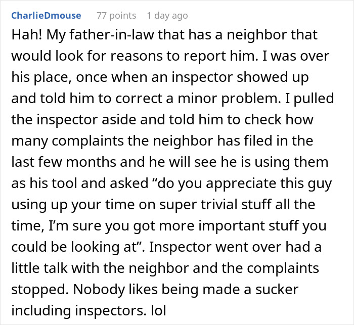 Text conversation about a neighbor frequently reporting trivial issues to the city inspector. Text conversation about a neighbor frequently reporting trivial issues to the city inspector.