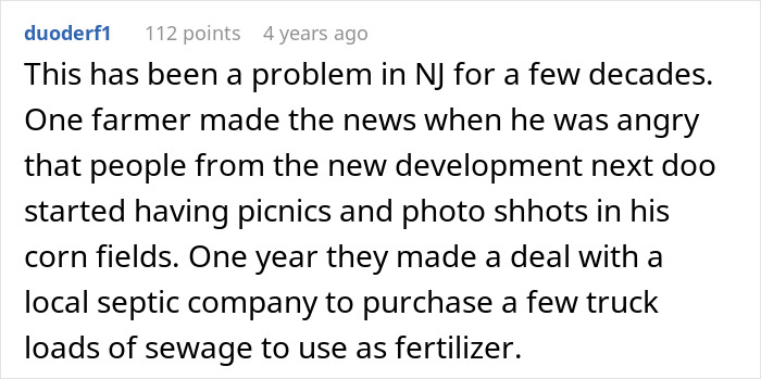 Text describing farmer's reaction to HOA with strategy using sewage as fertilizer for corn fields. Text describing farmer's reaction to HOA with strategy using sewage as fertilizer for corn fields.