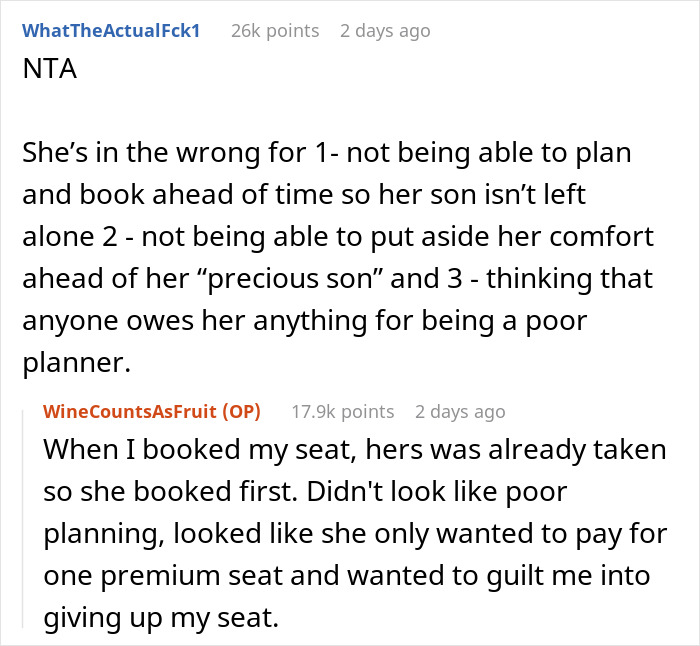 Text conversation about a mother unable to secure a preferred plane seat for her son, sparking a debate. Text conversation about a mother unable to secure a preferred plane seat for her son, sparking a debate.