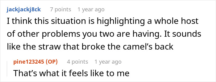 Reddit comment exchange about relationship issues, mentions "straw that broke the camel's back. Reddit comment exchange about relationship issues, mentions "straw that broke the camel's back.