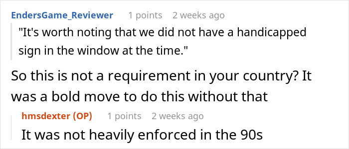 Reddit comments about a handicapped parking sign not being in a window, discussing past enforcement. Reddit comments about a handicapped parking sign not being in a window, discussing past enforcement.