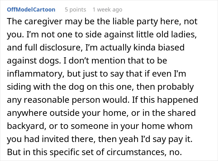 Reddit comment supporting woman whose dog bit intruder. Reddit comment supporting woman whose dog bit intruder.