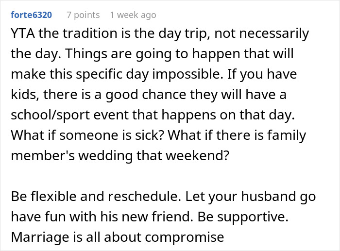 AITA discussion on prioritizing family tradition vs new friendship, focusing on flexibility and compromise in marriage. AITA discussion on prioritizing family tradition vs new friendship, focusing on flexibility and compromise in marriage.