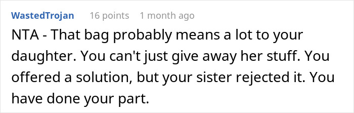Text exchange discussing the importance of a child's rare backpack and the decision not to give it away. Text exchange discussing the importance of a child's rare backpack and the decision not to give it away.