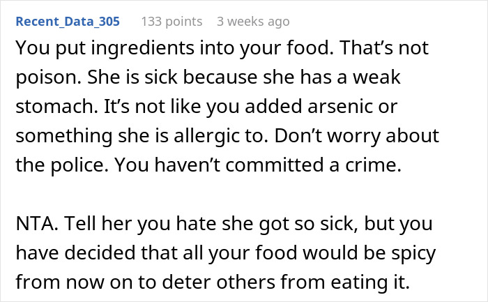 Text exchange about a person dealing with a food-thieving roommate, discussing adding spicy ingredients as a deterrent. Text exchange about a person dealing with a food-thieving roommate, discussing adding spicy ingredients as a deterrent.