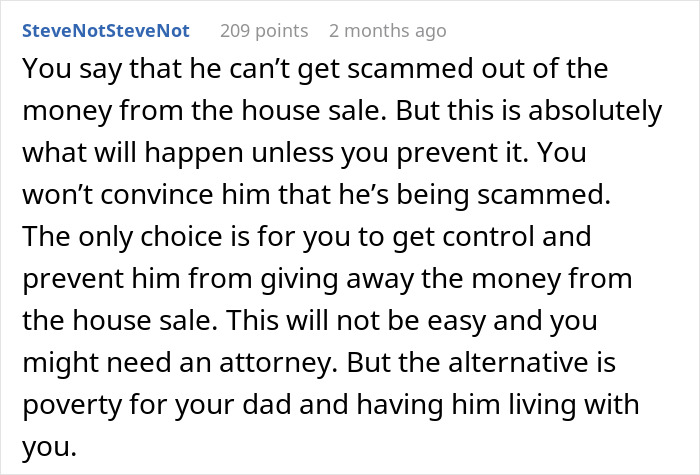 Comment warning about a deepfake scam targeting an elderly dad, advising legal action to prevent financial loss. Comment warning about a deepfake scam targeting an elderly dad, advising legal action to prevent financial loss.