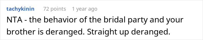 Reddit comment criticizing the behavior of a bridal party and brother over a wedding guest's pantsuit outfit. Reddit comment criticizing the behavior of a bridal party and brother over a wedding guest's pantsuit outfit.