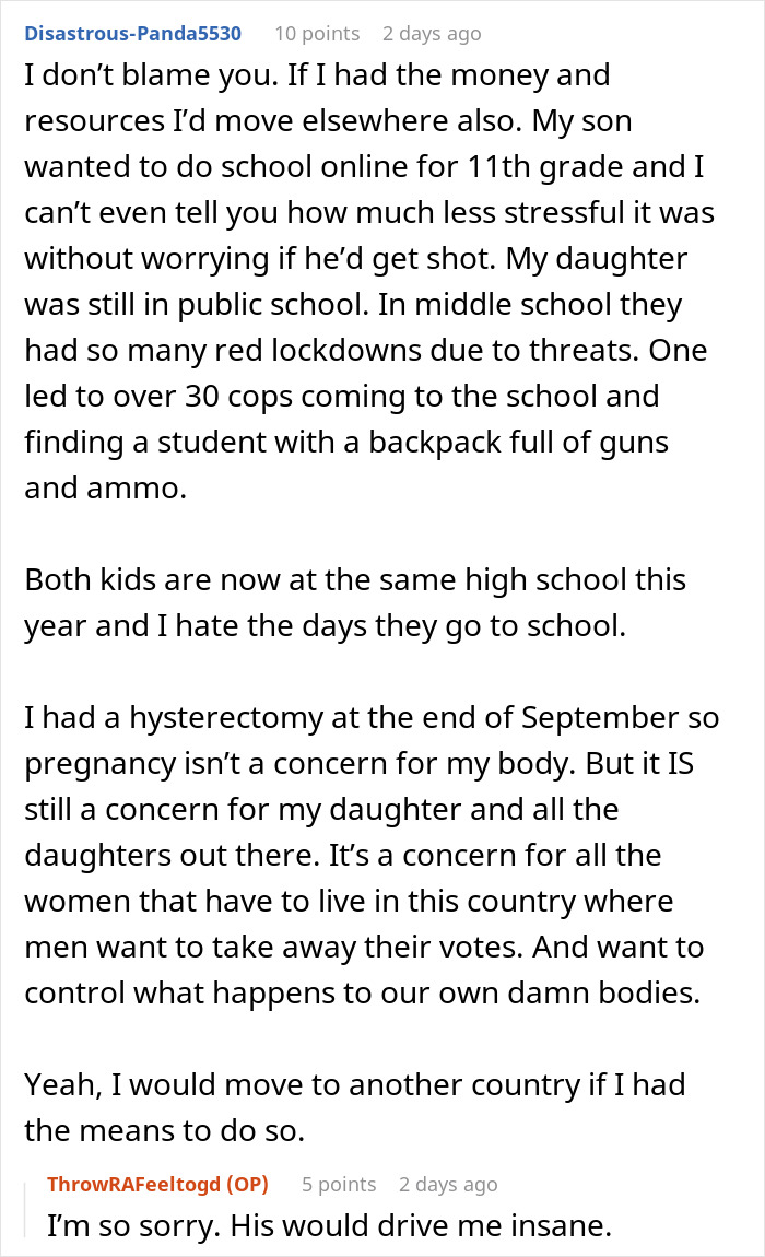 Text conversation discussing school lockdowns and personal concerns over starting a family. Text conversation discussing school lockdowns and personal concerns over starting a family.