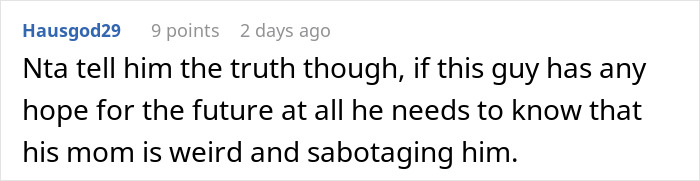 Reddit comment discussing a woman's date disrupted by his mom's behavior. Reddit comment discussing a woman's date disrupted by his mom's behavior.