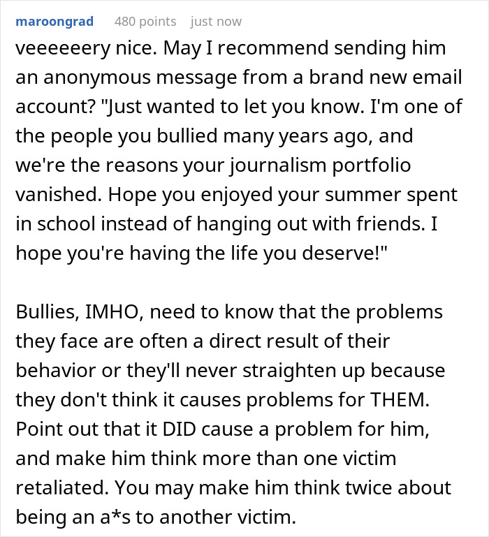 Comment discussing consequences for bullies and addressing retaliation from a bullied teen. Comment discussing consequences for bullies and addressing retaliation from a bullied teen.