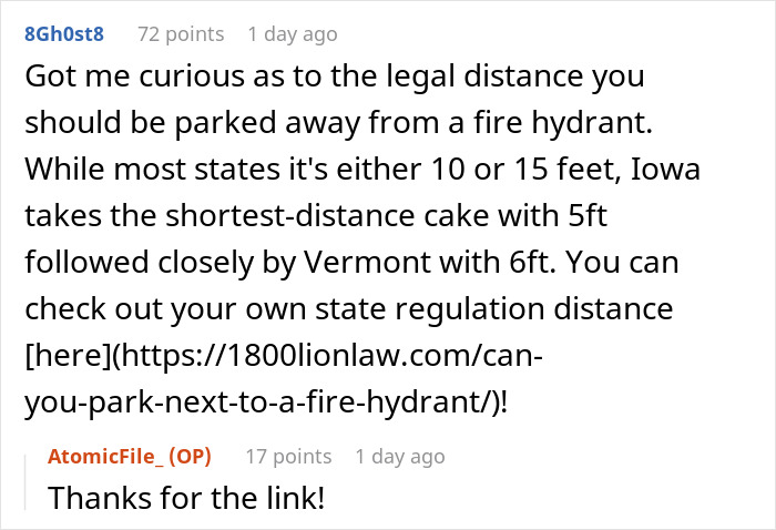 Reddit discussion about legal parking distance from a fire hydrant, featuring comments and a helpful link. Reddit discussion about legal parking distance from a fire hydrant, featuring comments and a helpful link.