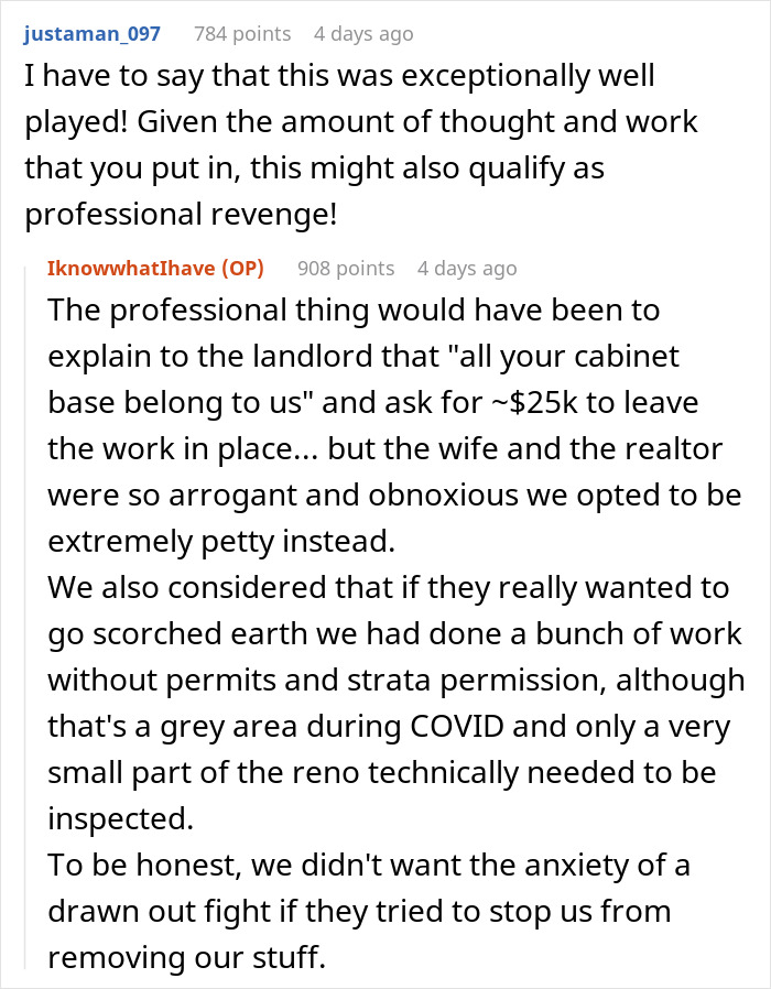 Reddit comments discussing a couple losing their condo after renovations lead to landlord's petty revenge. Reddit comments discussing a couple losing their condo after renovations lead to landlord's petty revenge.