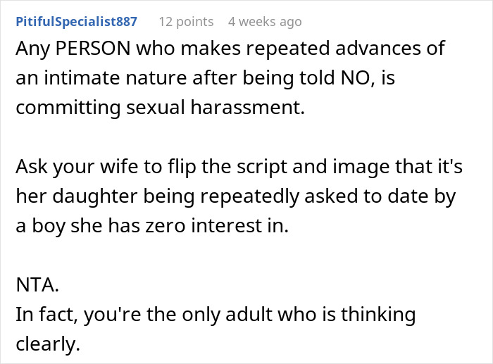 Reddit comment discusses support for son's lack of interest, mentions sexual harassment and adult thinking. Reddit comment discusses support for son's lack of interest, mentions sexual harassment and adult thinking.