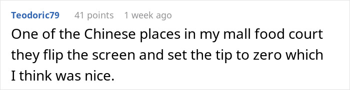 Comment about a cashier setting a tip to zero at a mall food court. Comment about a cashier setting a tip to zero at a mall food court.