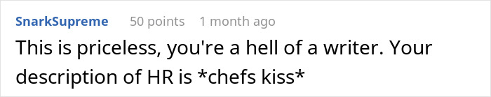 Comment praising a humorous HR description on a forum. Comment praising a humorous HR description on a forum.