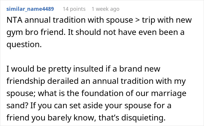 Reddit comment discussing family tradition over new friendship. Reddit comment discussing family tradition over new friendship.