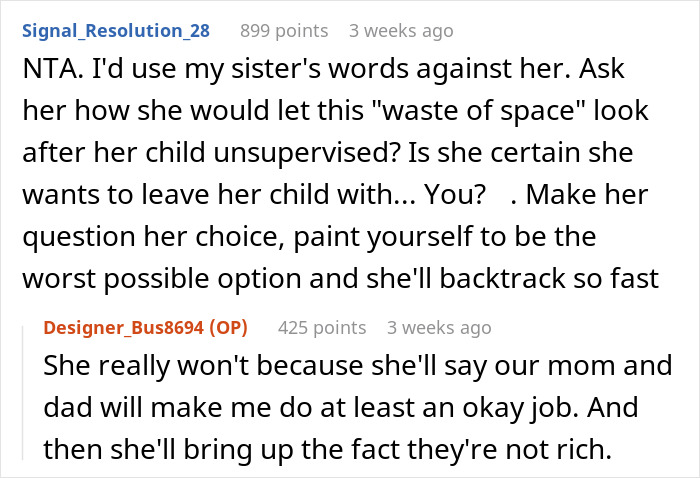 Comment exchange on a forum discussing a woman wanting her teen brother to change his name for her baby. Comment exchange on a forum discussing a woman wanting her teen brother to change his name for her baby.