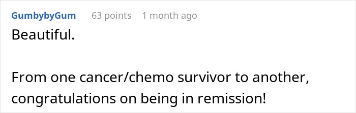 Comment congratulates a cancer survivor on remission. User expresses support and shares personal experience with chemotherapy. Comment congratulates a cancer survivor on remission. User expresses support and shares personal experience with chemotherapy.