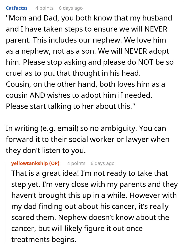 Woman Rejects Dying Parents’ Plea To Adopt Nephew: “Huge Relief That I Don't Have Kids” Woman Rejects Dying Parents’ Plea To Adopt Nephew: “Huge Relief That I Don't Have Kids”