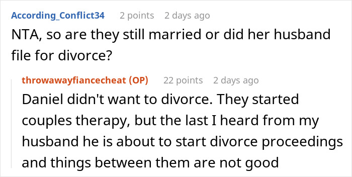 Reddit conversation about a husband's decision to start divorce proceedings after being cheated on. Reddit conversation about a husband's decision to start divorce proceedings after being cheated on.
