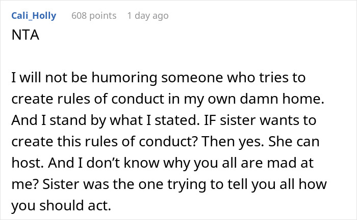 Screenshot of a comment discussing Thanksgiving rules disagreement with a sister. Screenshot of a comment discussing Thanksgiving rules disagreement with a sister.