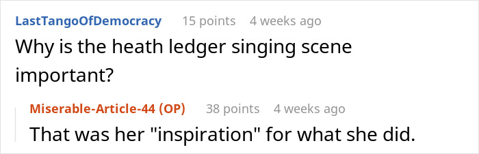 Reddit comments discussing the importance of the Heath Ledger singing scene and its inspiration. Reddit comments discussing the importance of the Heath Ledger singing scene and its inspiration.