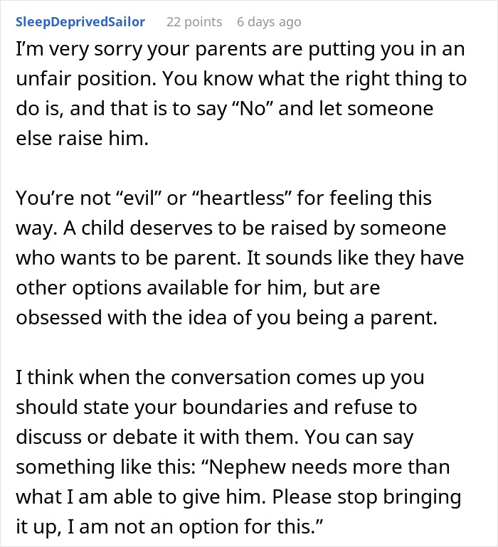 Woman Rejects Dying Parents’ Plea To Adopt Nephew: “Huge Relief That I Don't Have Kids” Woman Rejects Dying Parents’ Plea To Adopt Nephew: “Huge Relief That I Don't Have Kids”