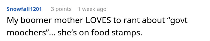 Comment about a boomer complaining of "govt moochers" while using food stamps, highlighting irony in financial discussions. Comment about a boomer complaining of "govt moochers" while using food stamps, highlighting irony in financial discussions.