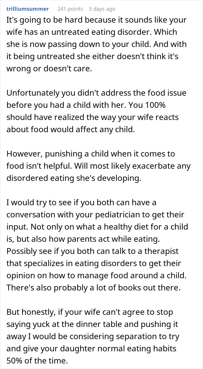 Text discussing a wife's untreated eating disorder and food complaints affecting their child. Text discussing a wife's untreated eating disorder and food complaints affecting their child.