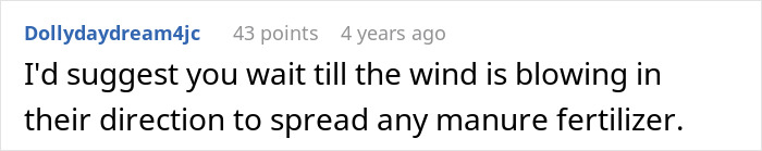 Comment humorously suggests spreading manure towards HOA. Comment humorously suggests spreading manure towards HOA.