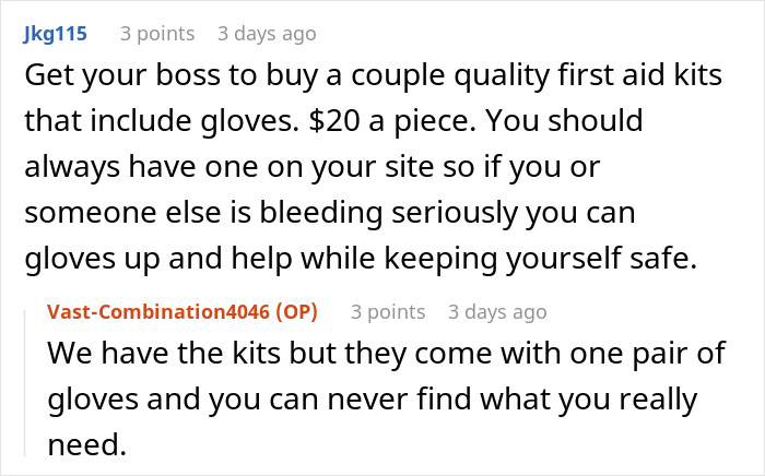 Reddit comments discussing workplace first aid kits and issues with glove availability after an employee emergency. Reddit comments discussing workplace first aid kits and issues with glove availability after an employee emergency.