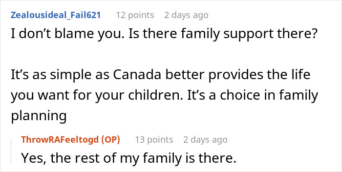 Reddit conversation discussing family planning and support options related to starting a family. Reddit conversation discussing family planning and support options related to starting a family.