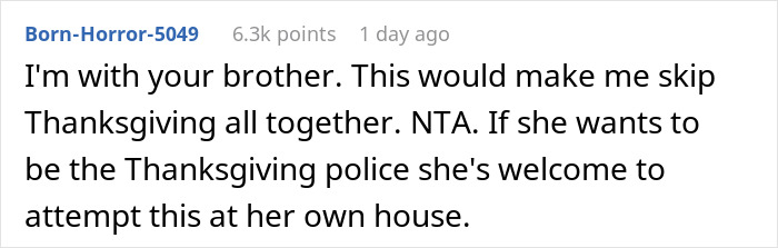 Comment criticizing strict Thanksgiving rules and supporting a refusal to host. Comment criticizing strict Thanksgiving rules and supporting a refusal to host.