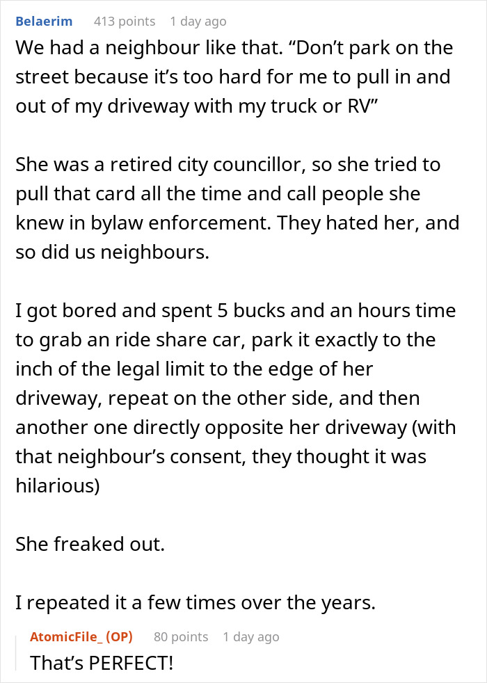 Text exchange about a neighbor's parking complaint and retaliation involving rideshare cars. Text exchange about a neighbor's parking complaint and retaliation involving rideshare cars.