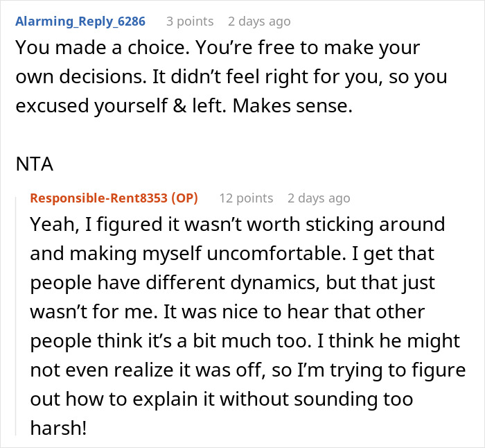 Reddit discussion about a woman leaving a date early, citing discomfort with family dynamics as the reason. Reddit discussion about a woman leaving a date early, citing discomfort with family dynamics as the reason.
