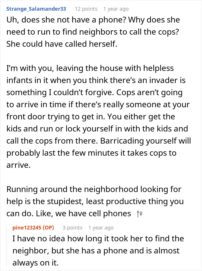 Reddit comment discussing a wife who ran out during a supposed invasion, leaving behind twin babies. Reddit comment discussing a wife who ran out during a supposed invasion, leaving behind twin babies.