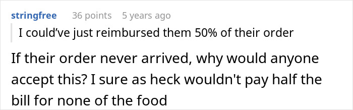 Text exchange discussing a 50% reimbursement for an undelivered food order. Text exchange discussing a 50% reimbursement for an undelivered food order.