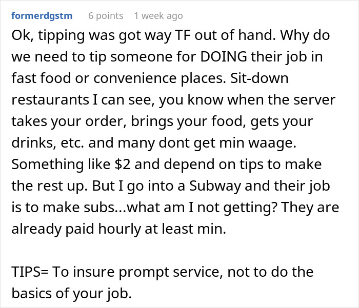 Text discussing tipping culture, questioning why tips are needed for fast-food jobs already paying an hourly wage. Text discussing tipping culture, questioning why tips are needed for fast-food jobs already paying an hourly wage.