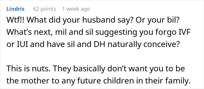 Text conversation discussing MIL’s plan for SIL to carry the future baby, expressing disbelief and concern. Text conversation discussing MIL’s plan for SIL to carry the future baby, expressing disbelief and concern.