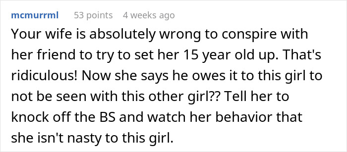Comment discussing dad's support for son against being set up with family friend's daughter. Comment discussing dad's support for son against being set up with family friend's daughter.