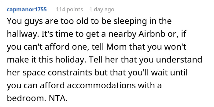 Comment suggesting a couple stay at an Airbnb due to air mattress issues during family holidays. Comment suggesting a couple stay at an Airbnb due to air mattress issues during family holidays.
