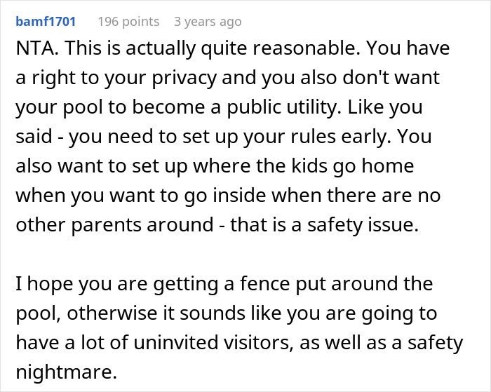 Screenshot of a Reddit comment discussing privacy and safety concerns about kids alone at the pool. Screenshot of a Reddit comment discussing privacy and safety concerns about kids alone at the pool.